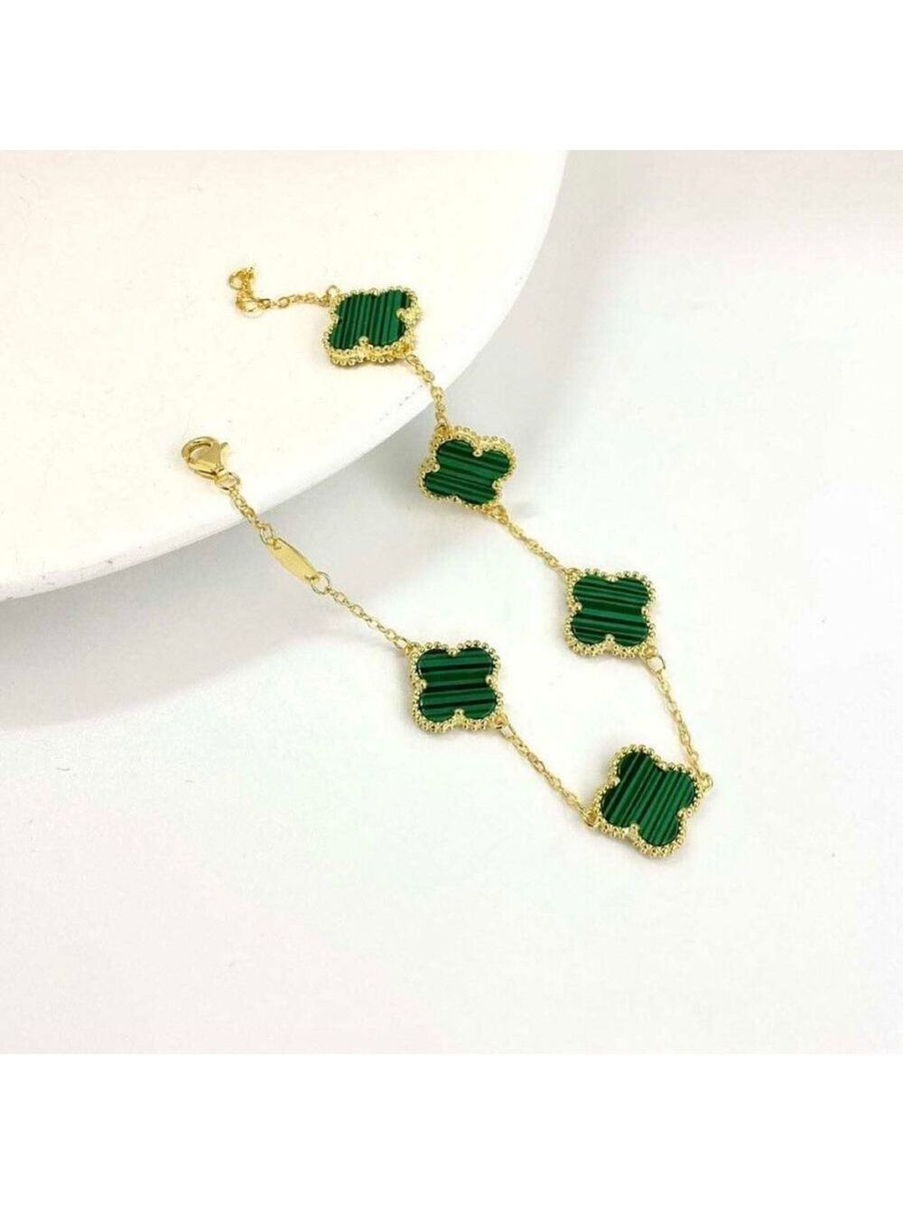 Malachite 18k YG plated Silver Clover bracelet - Picture 4 of 4